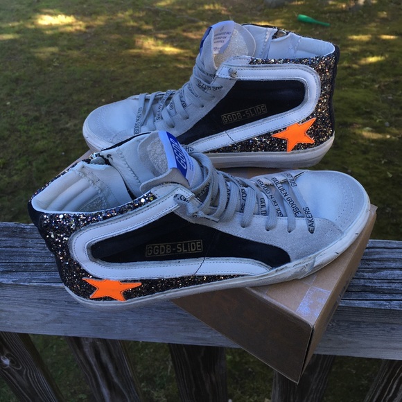 Golden Goose Slide Black/Gold Glitter Orange Star - Picture 2 of 12